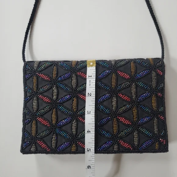 Beaded Geometric Pattern Dressy Purse Evening Bag Black and Jewel Tones. - Picture 10 of 10